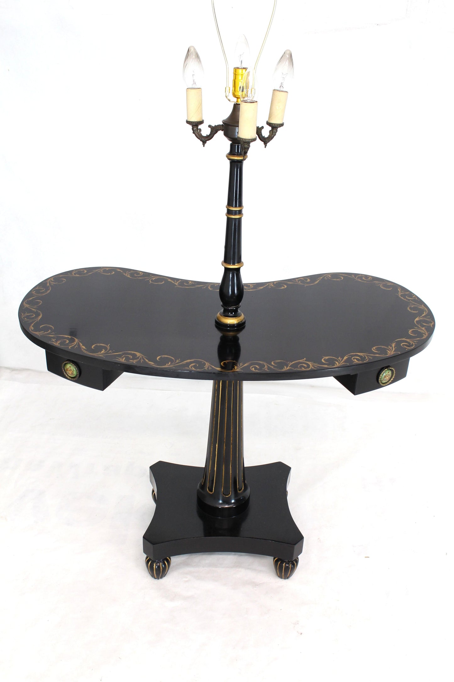 Pair of Black Lacquer Gold Decorated Kidney Shape Deco Floor Lamps Side Tables