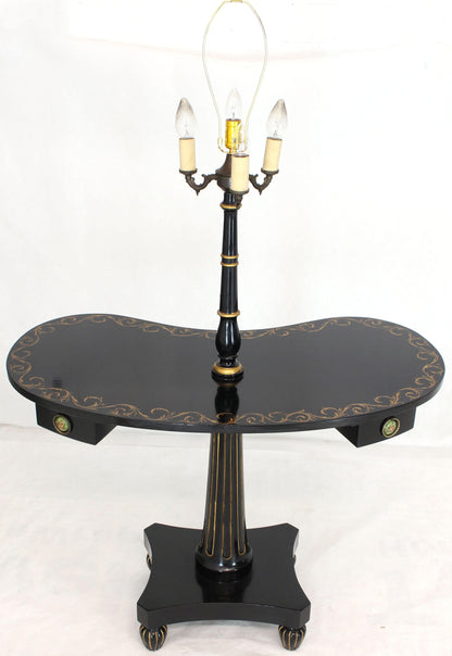 Pair of Black Lacquer Gold Decorated Kidney Shape Deco Floor Lamps Side Tables