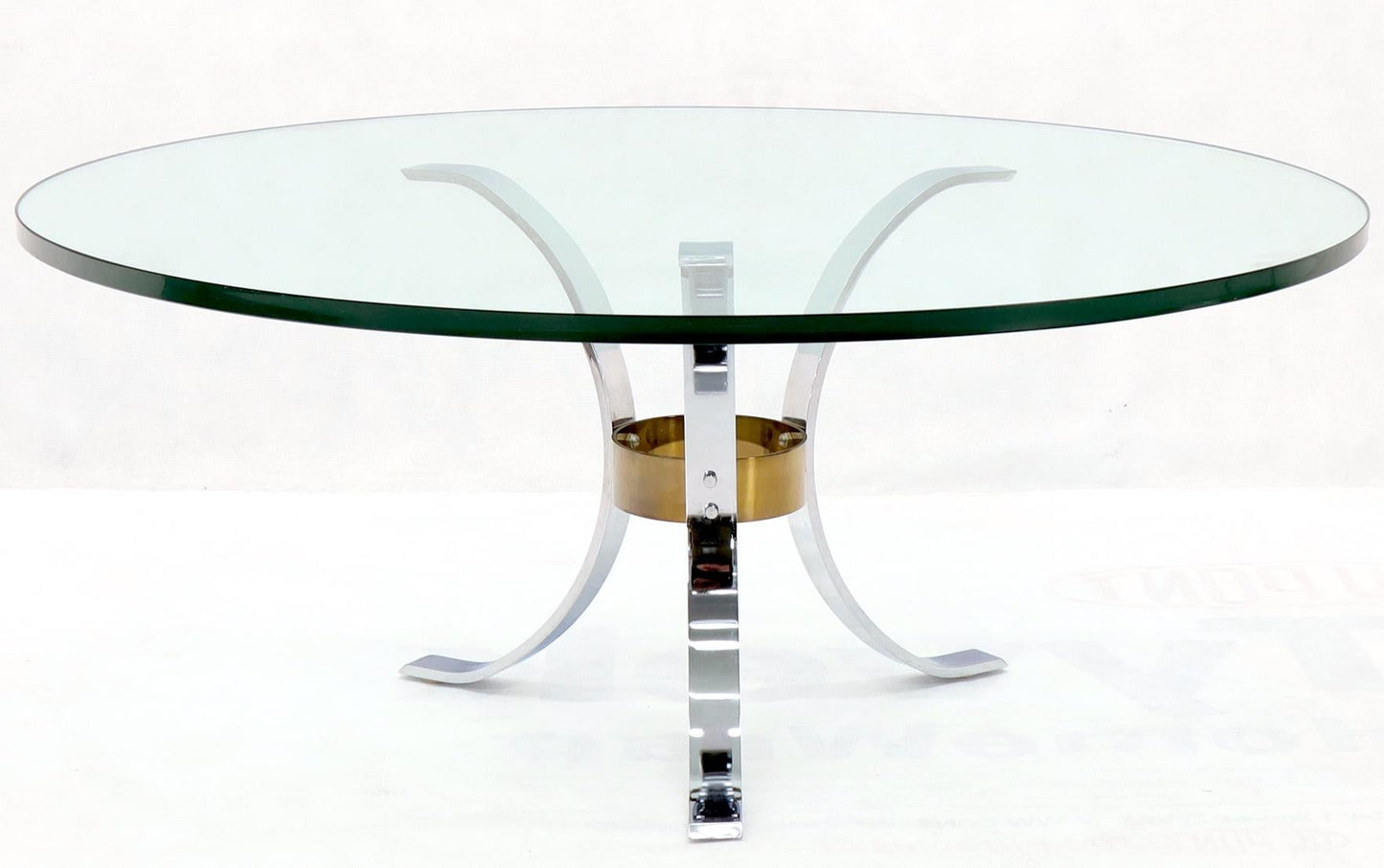 Heavy Thick 3/4" Glass Round Top Chrome & Brass Tripod Base Coffee Table