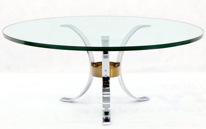 Heavy Thick 3/4" Glass Round Top Chrome & Brass Tripod Base Coffee Table