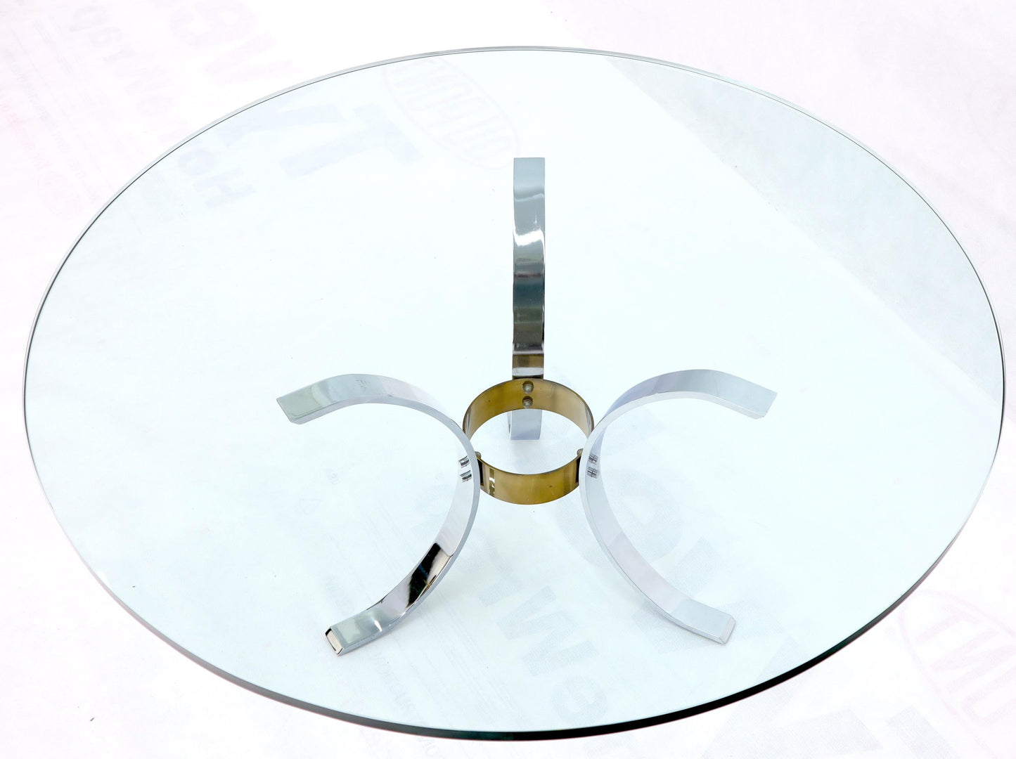 Heavy Thick 3/4" Glass Round Top Chrome & Brass Tripod Base Coffee Table