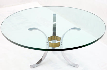 Heavy Thick 3/4" Glass Round Top Chrome & Brass Tripod Base Coffee Table