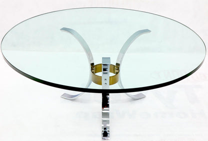 Heavy Thick 3/4" Glass Round Top Chrome & Brass Tripod Base Coffee Table