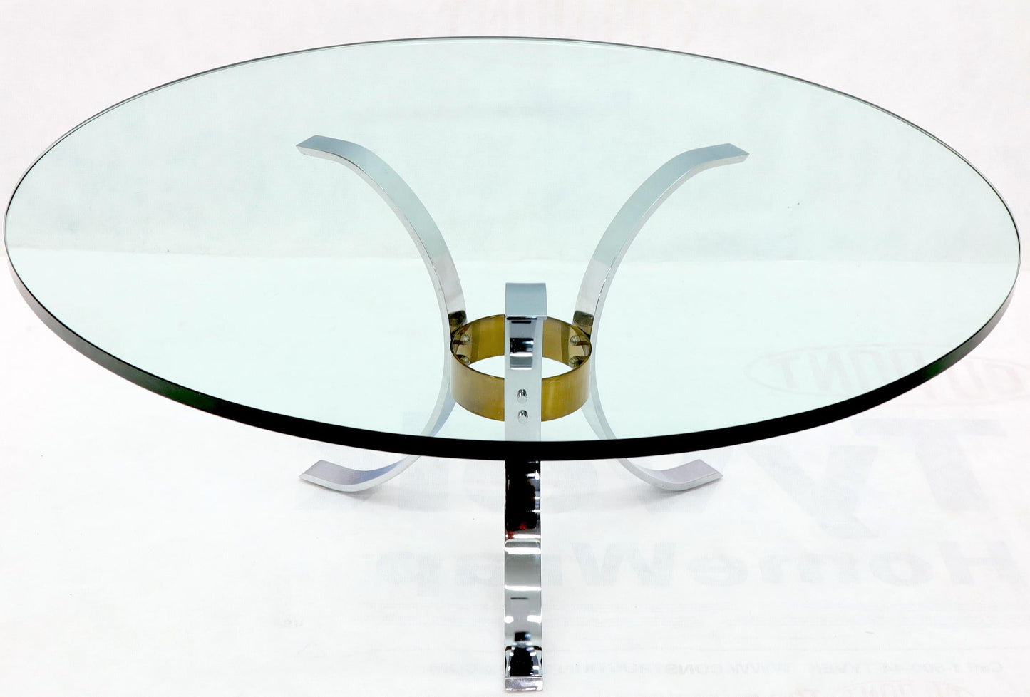 Heavy Thick 3/4" Glass Round Top Chrome & Brass Tripod Base Coffee Table