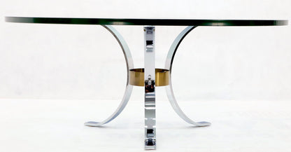 Heavy Thick 3/4" Glass Round Top Chrome & Brass Tripod Base Coffee Table