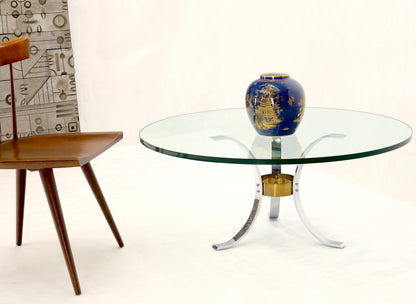 Heavy Thick 3/4" Glass Round Top Chrome & Brass Tripod Base Coffee Table