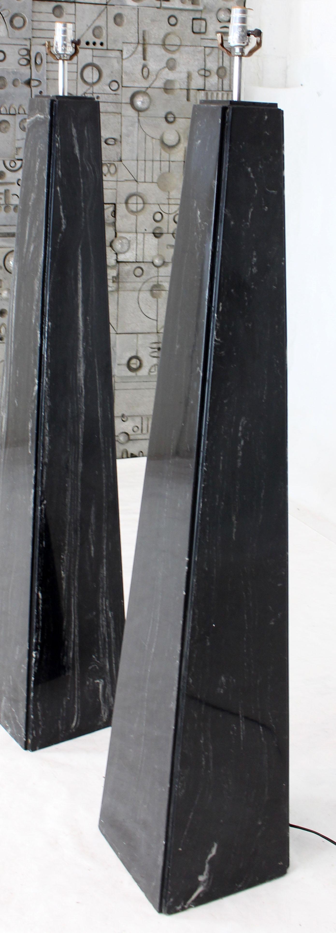 Pair of Black Marble Obelisk Shape Floor Lamps