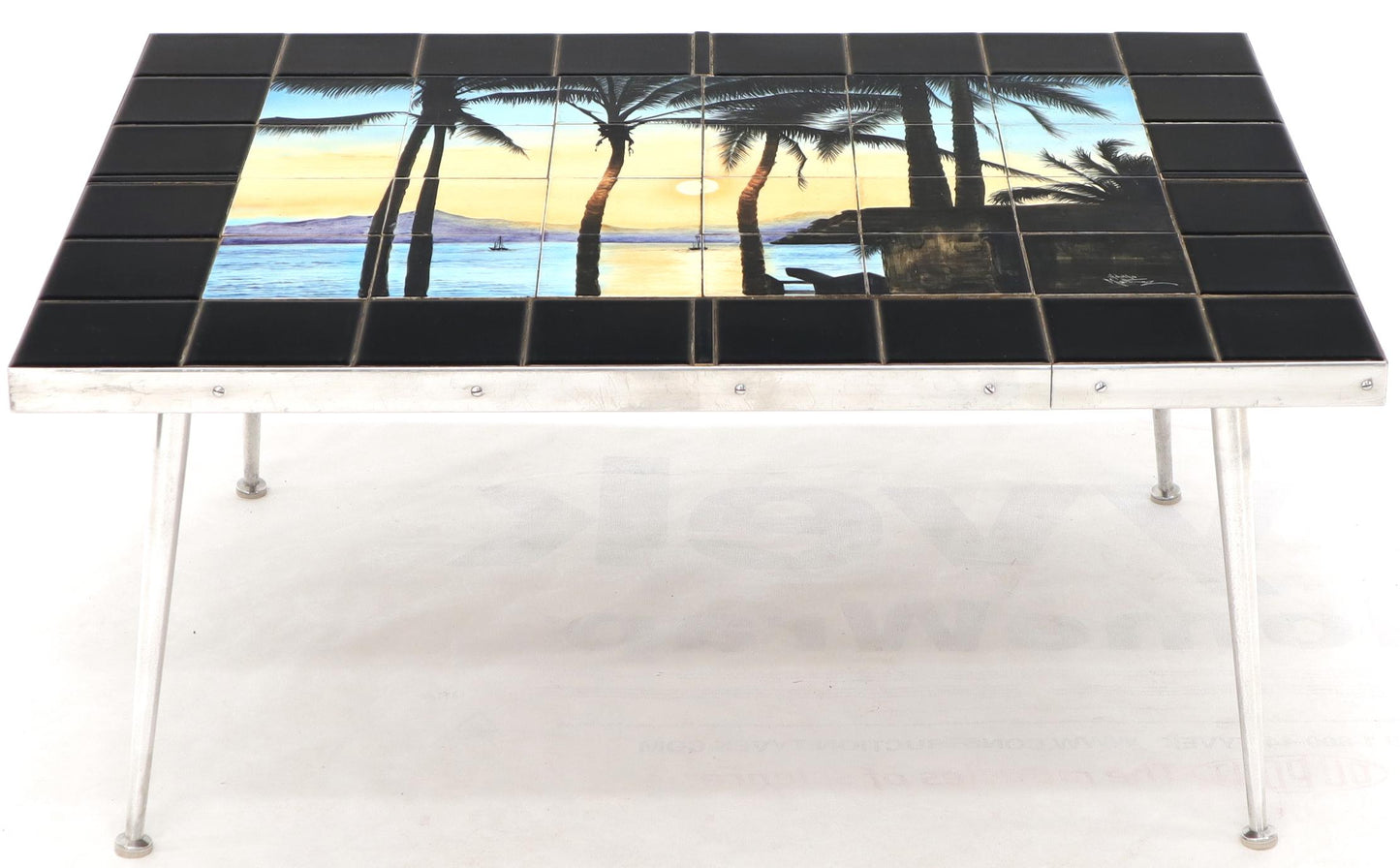 Art Tile Top Beach Scene Turned Legs Mid-Century Modern Coffee Table