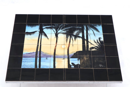 Art Tile Top Beach Scene Turned Legs Mid-Century Modern Coffee Table