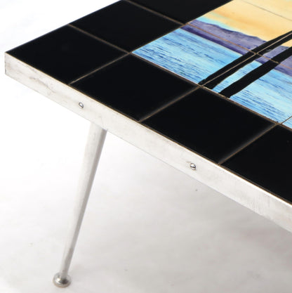 Art Tile Top Beach Scene Turned Legs Mid-Century Modern Coffee Table