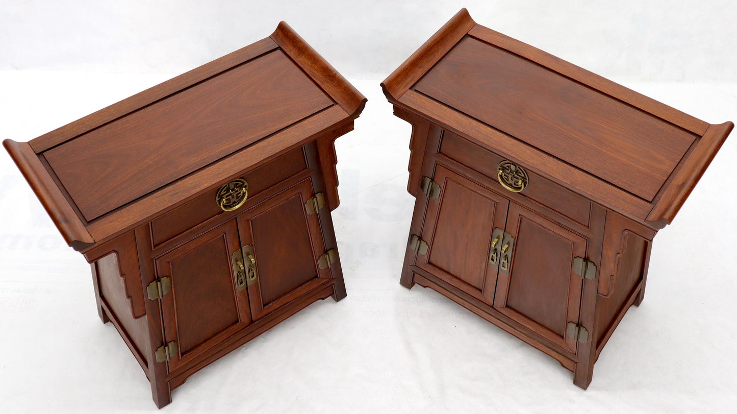 Pair of Asian Solid Teak Pyramid Shade Rolled Edges End Side Tables