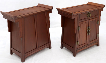 Pair of Asian Solid Teak Pyramid Shade Rolled Edges End Side Tables