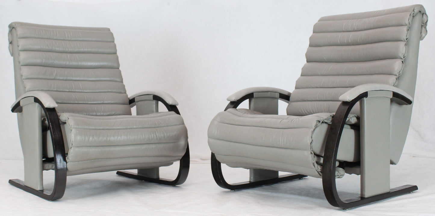 Pair of Leather Ribbed Upholstery Reclining Lounge Chairs Bent Wood Tank Style