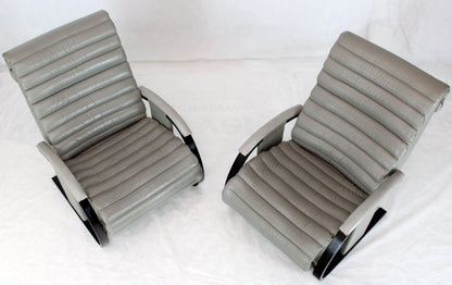 Pair of Leather Ribbed Upholstery Reclining Lounge Chairs Bent Wood Tank Style