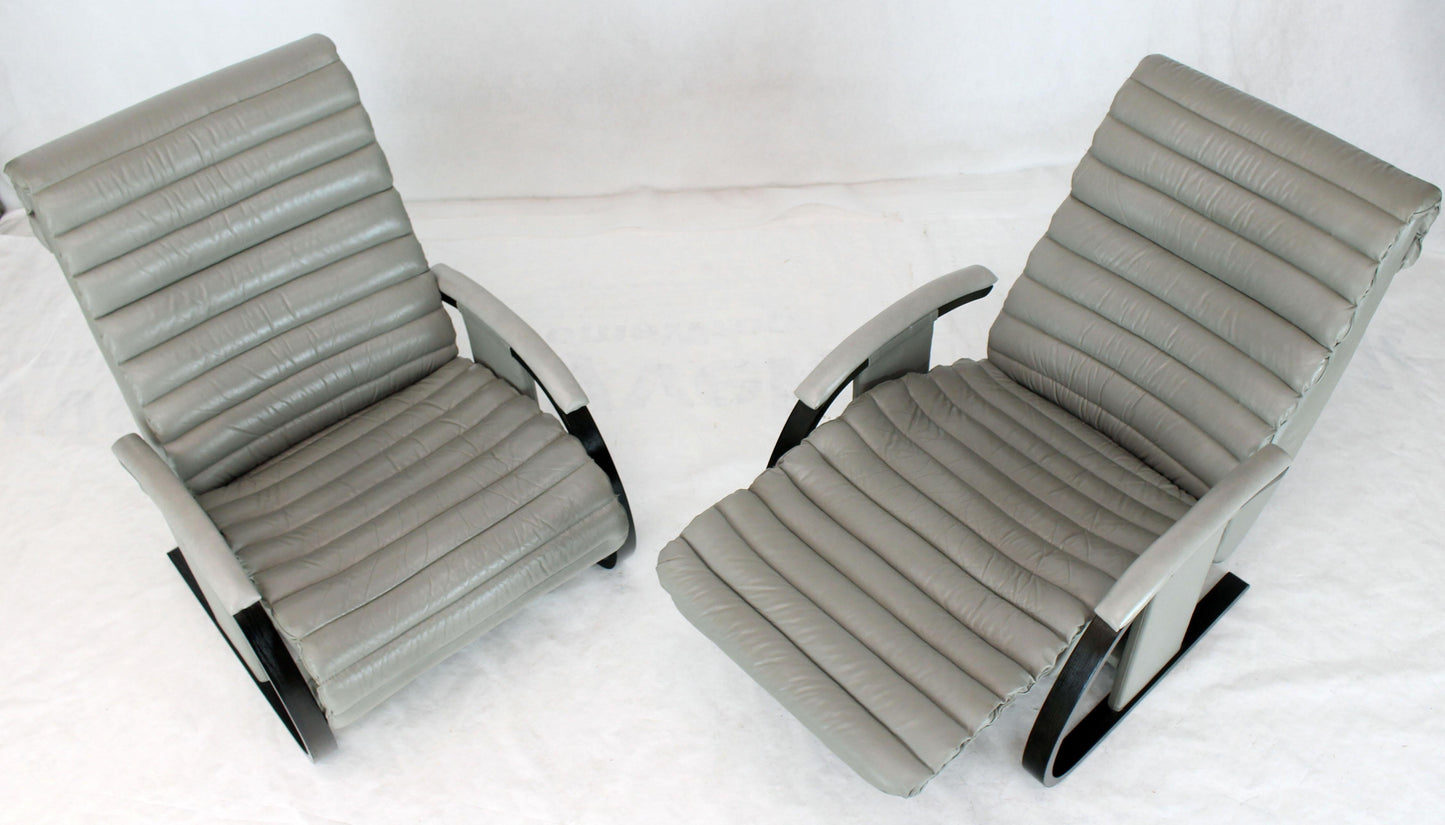 Pair of Leather Ribbed Upholstery Reclining Lounge Chairs Bent Wood Tank Style