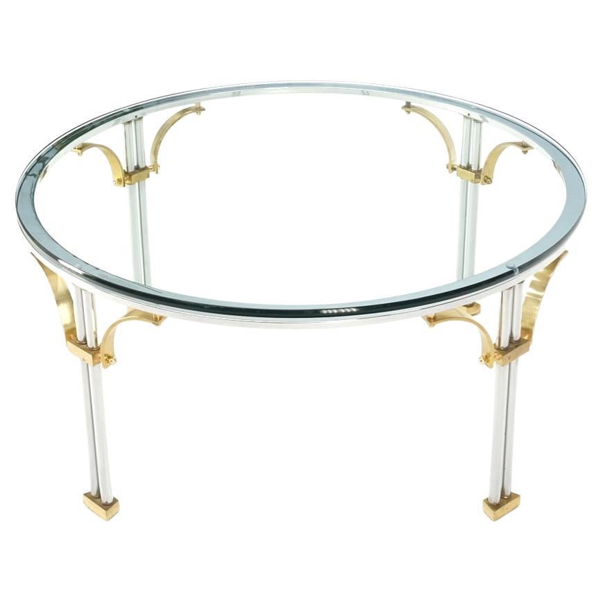 Round Glass Top Chrome Legs Solid Brass Stretchers & Feet Coffee Center Table