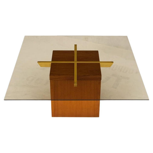 Teak Cube & Brass X Base Danish Modern Bronze Smoked Square Glass Coffee Table