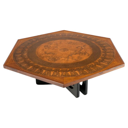 Large Hexagon Walnut & Egyptian Motif Copper Minting Top Coffee Table Ebonized