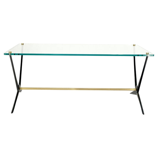 Italian Mid-Century Modern Cast Metal & Brass Base Glass Rectangle Coffee Table