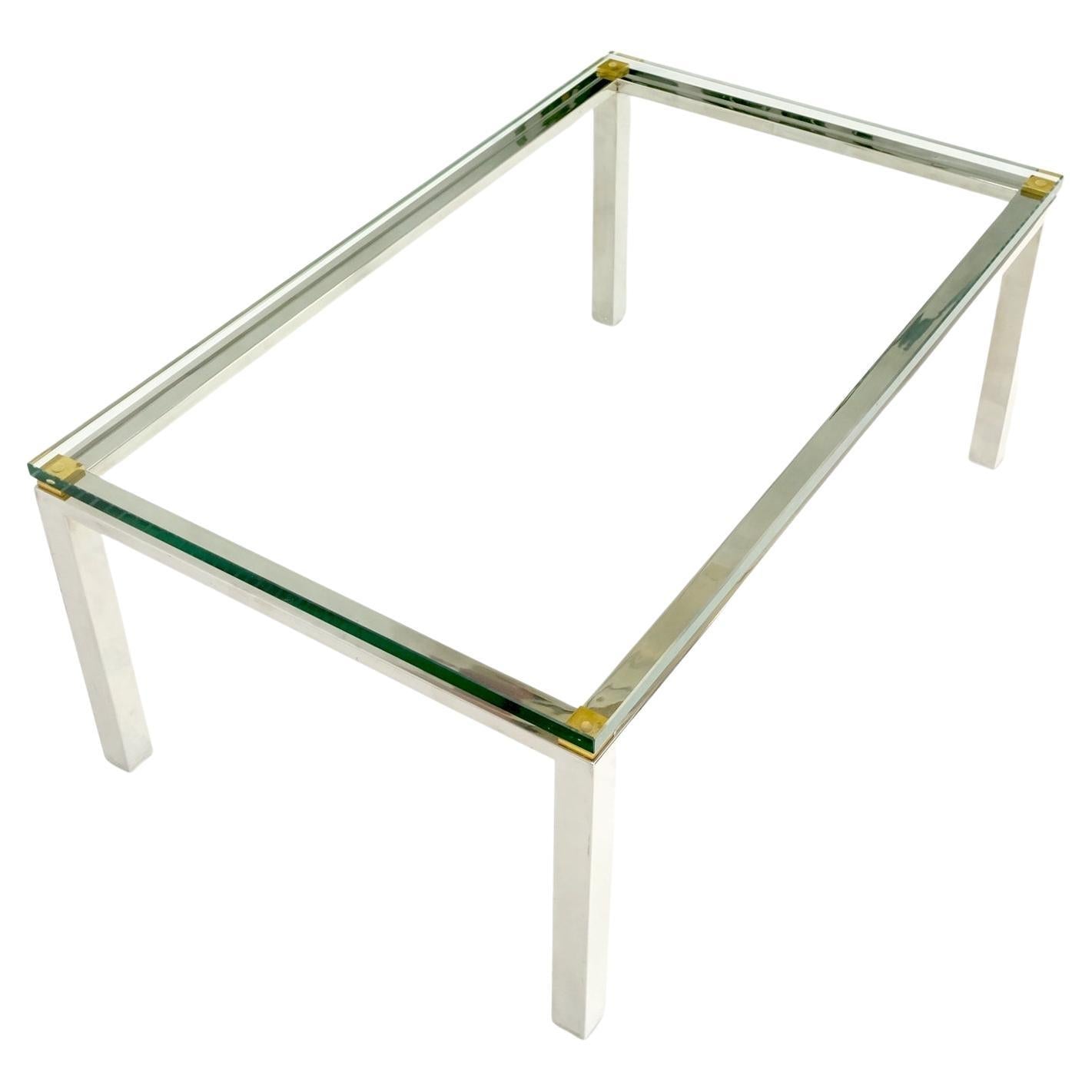 Polished Stainless Steel & Brass Glass Top Rectangle Coffee Table Mid Century