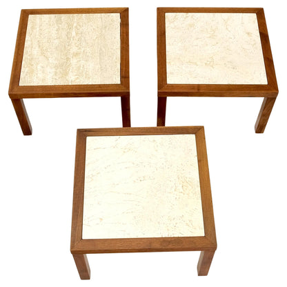 Set of Mid Century Solid Walnut Bases Travertine Tops End Side Occasional Tables