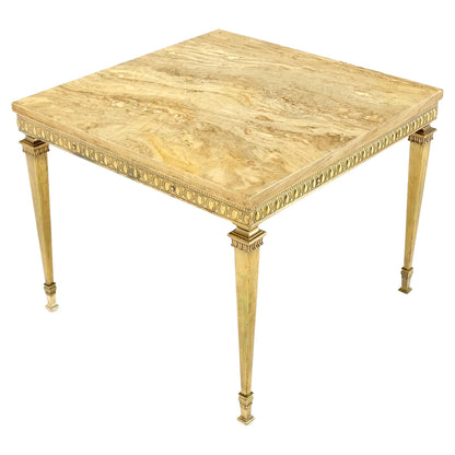 Square Solid Brass or Bronze Base Travertine Top Side End Occasional Table MINT!