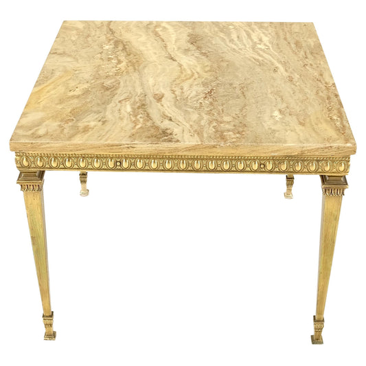 Square Solid Brass or Bronze Base Travertine Top Side End Occasional Table MINT!