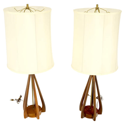 Pair Oiled Walnut Mid-Century Modern Carved Sculptured Table Lamps Pearsal Mint!