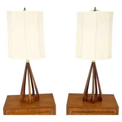 Pair Oiled Walnut Mid-Century Modern Carved Sculptured Table Lamps Pearsal Mint!