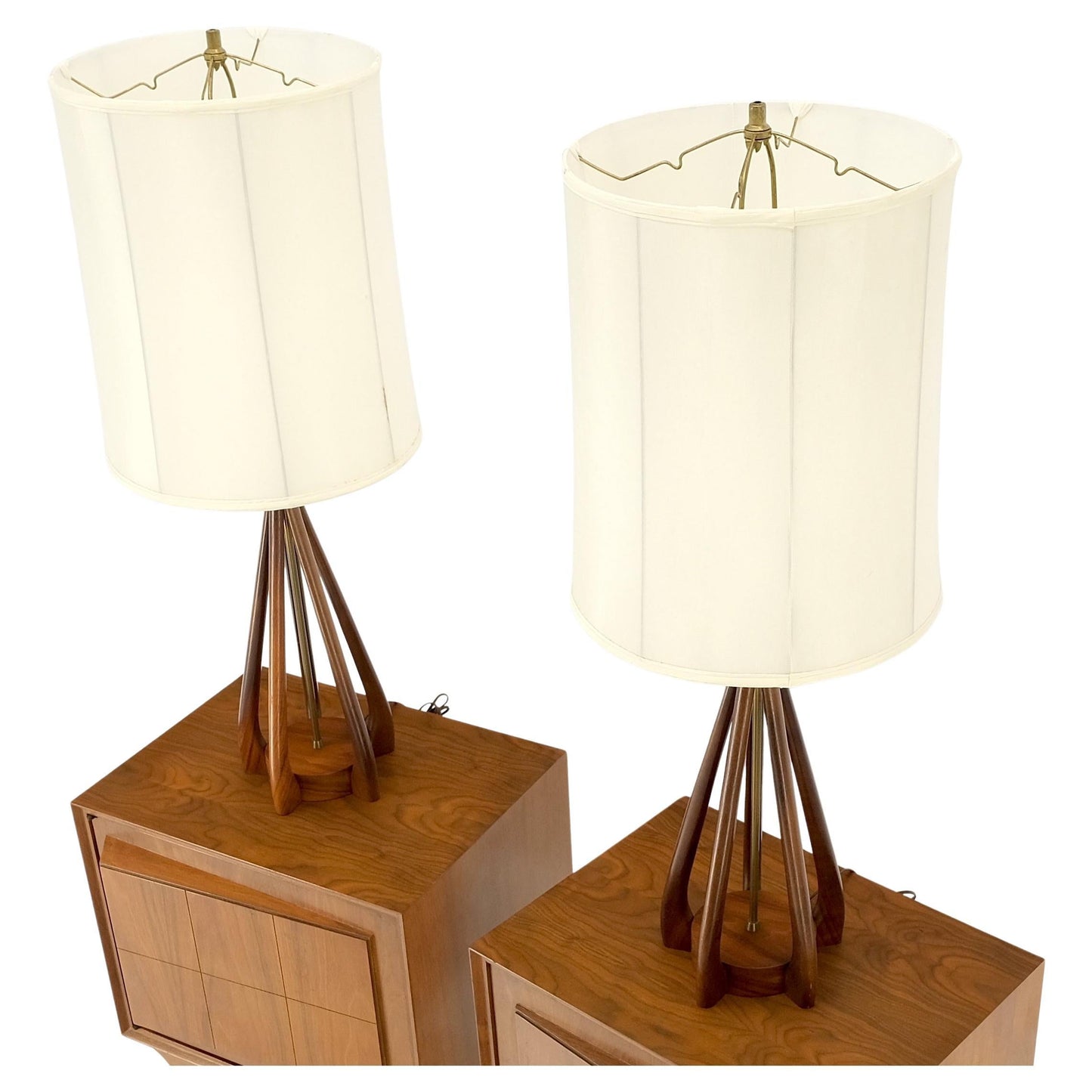 Pair Oiled Walnut Mid-Century Modern Carved Sculptured Table Lamps Pearsal Mint!