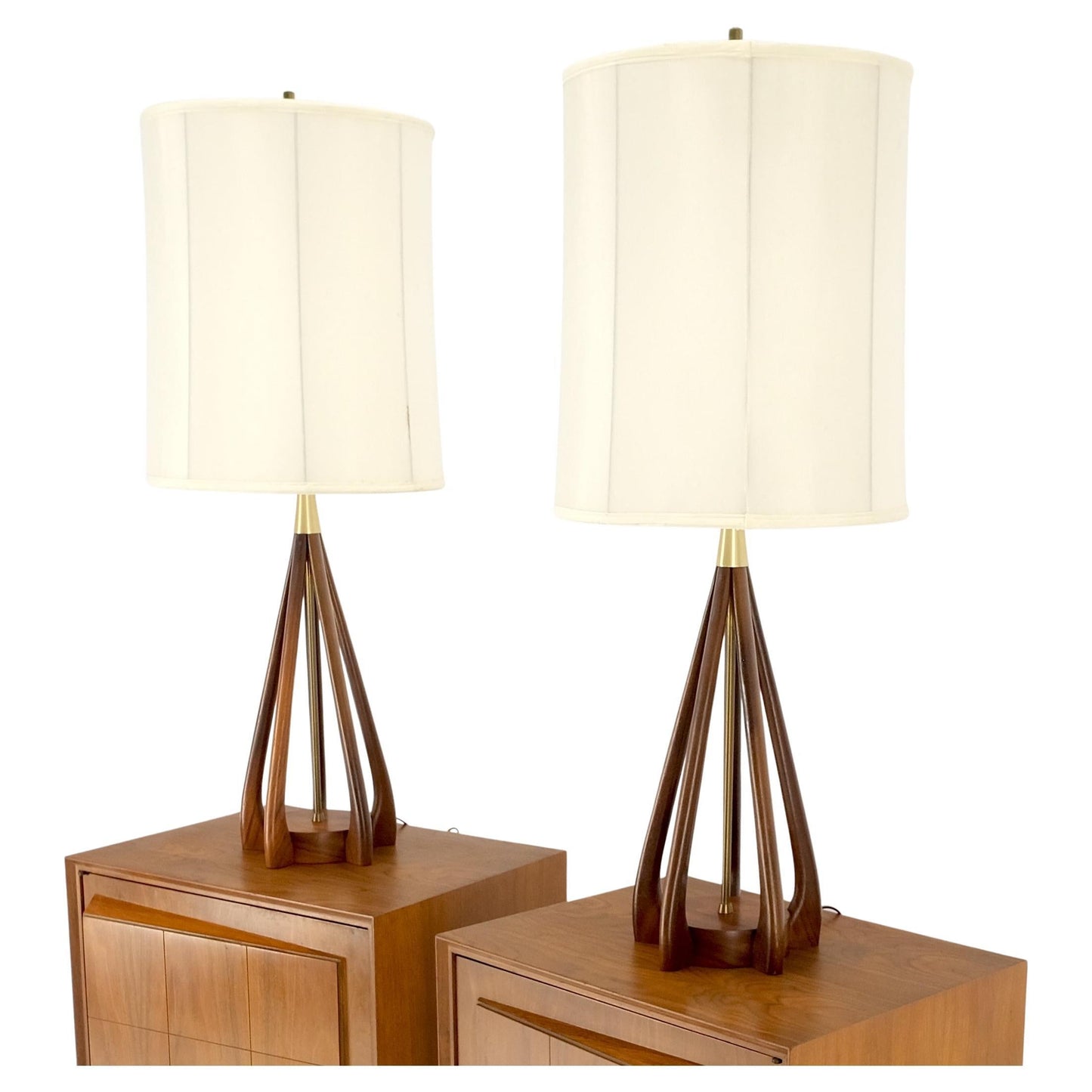 Pair Oiled Walnut Mid-Century Modern Carved Sculptured Table Lamps Pearsal Mint!