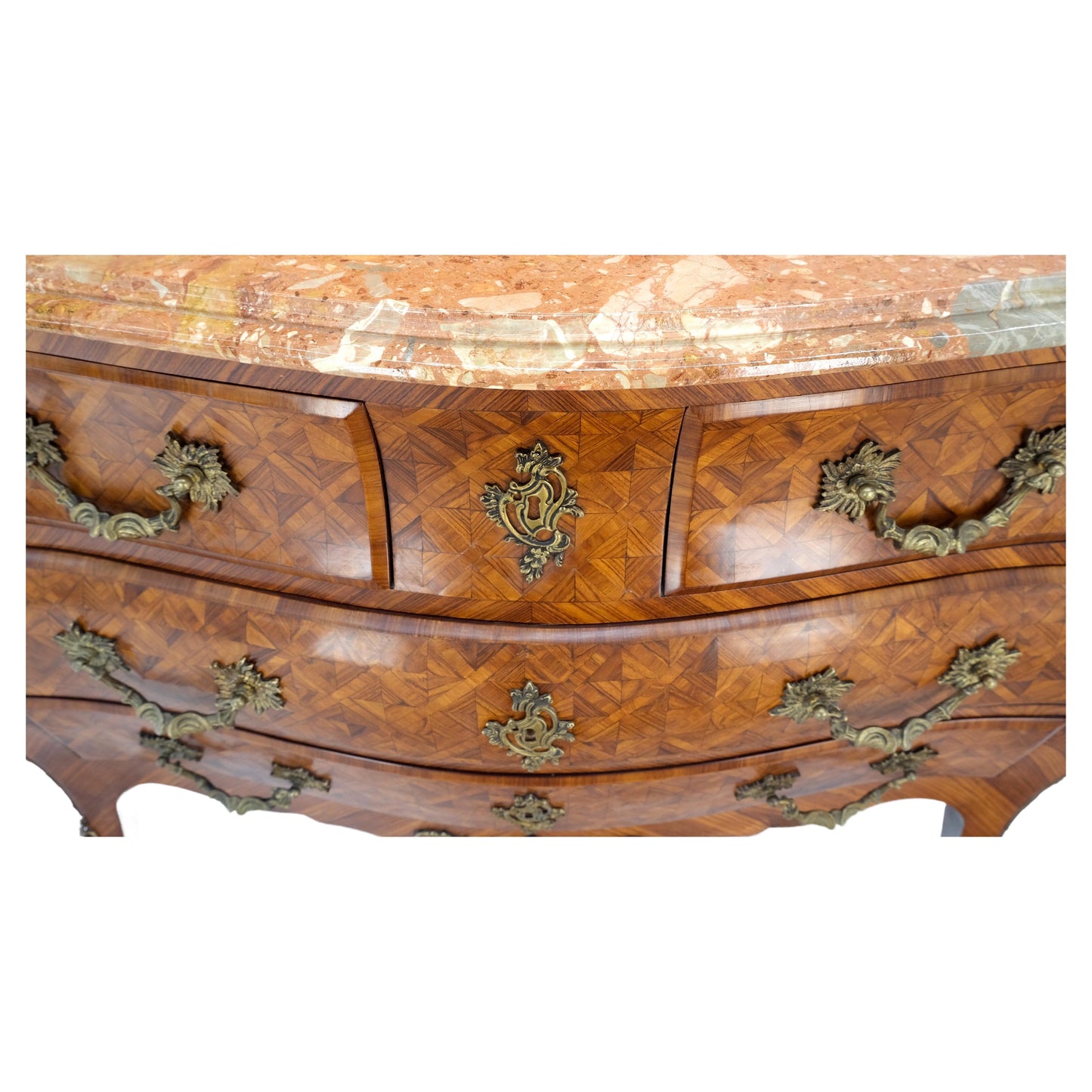 Bombe Bronze Ormolu Marble Top French Satinwood Louis XV 3 Drawers Dresser MINT!