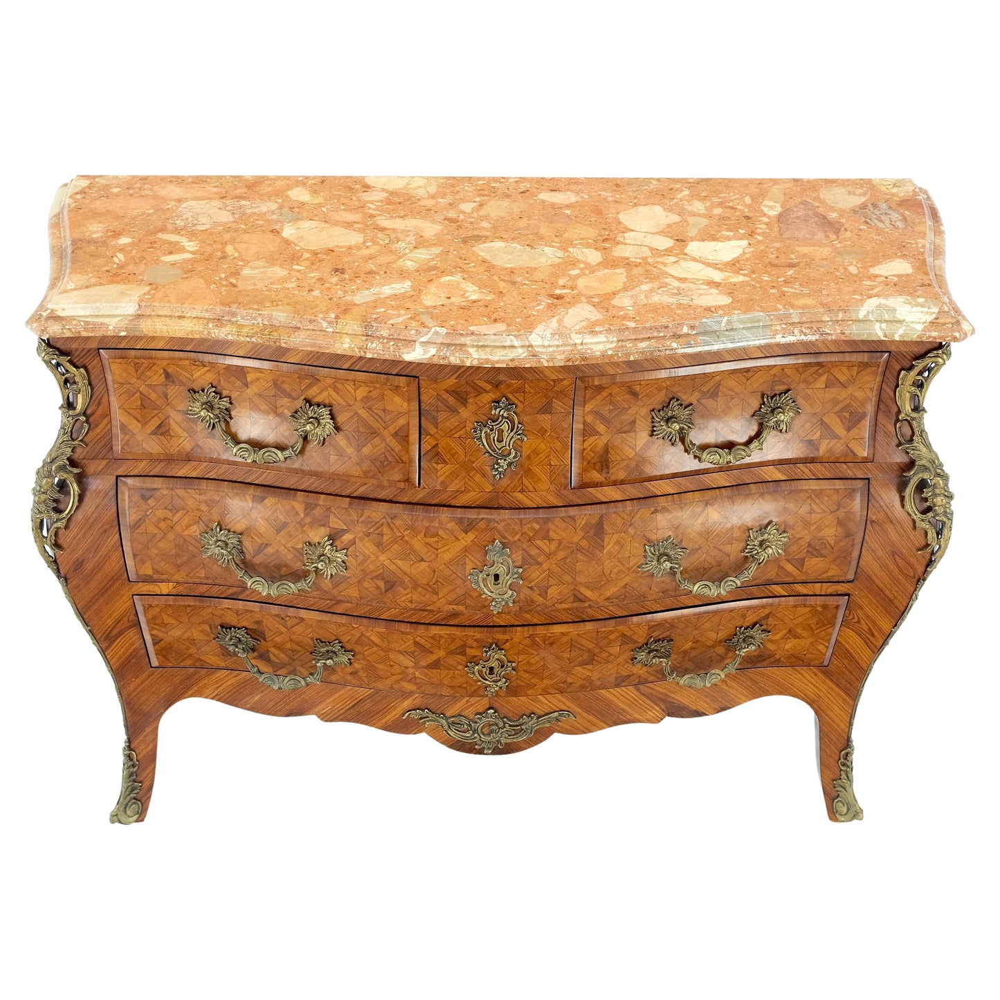 Bombe Bronze Ormolu Marble Top French Satinwood Louis XV 3 Drawers Dresser MINT!