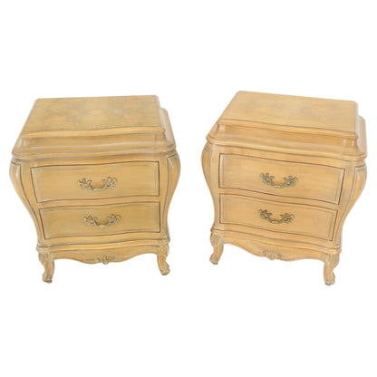 Pair Bombe White Wash Pickled Burl Wood Night Stands End Tables Brass Pulls Mint