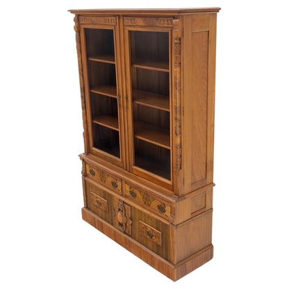 Burl Walnut Adjustable Shelves Two Doors One Drawer Antique Bookcase Cabinet