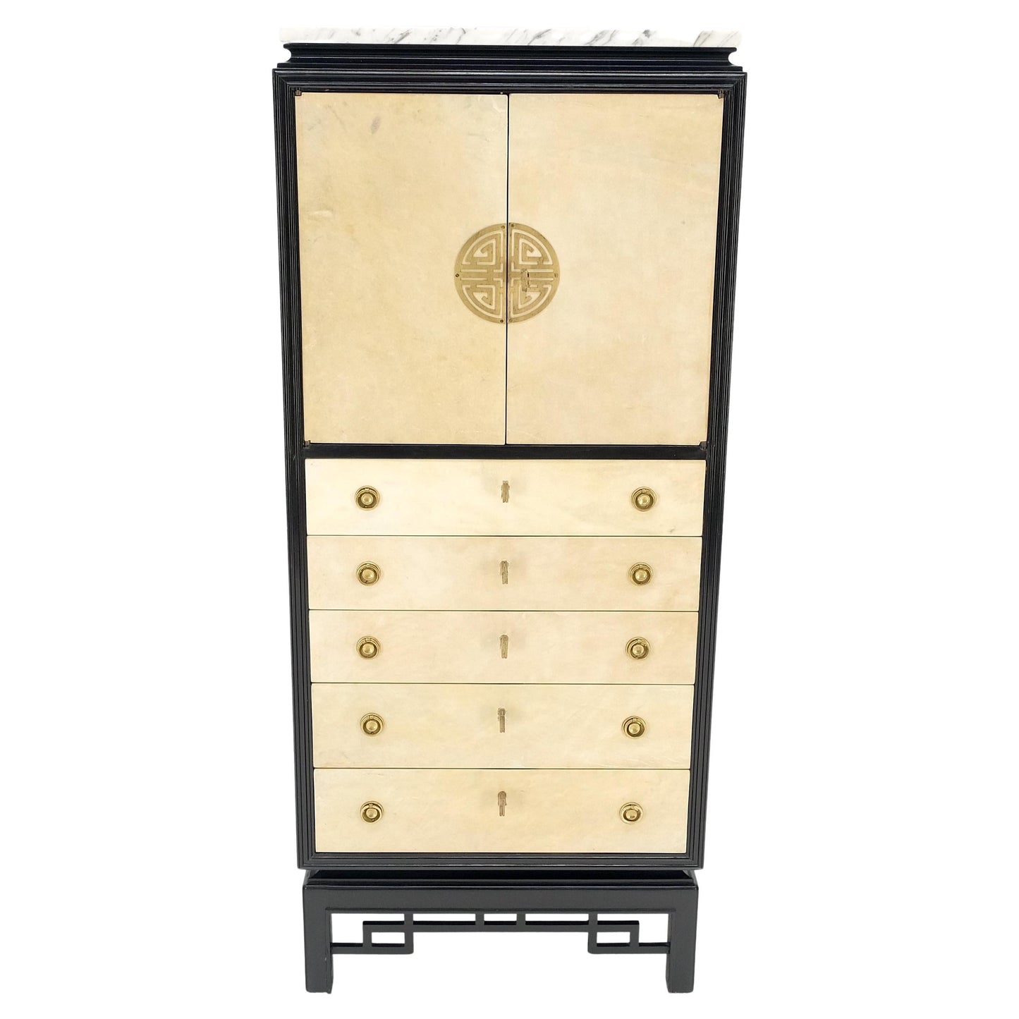 Black Lacquer Marble Top Goatskin Drawers & Double Doors Liquor Silver Cabinet