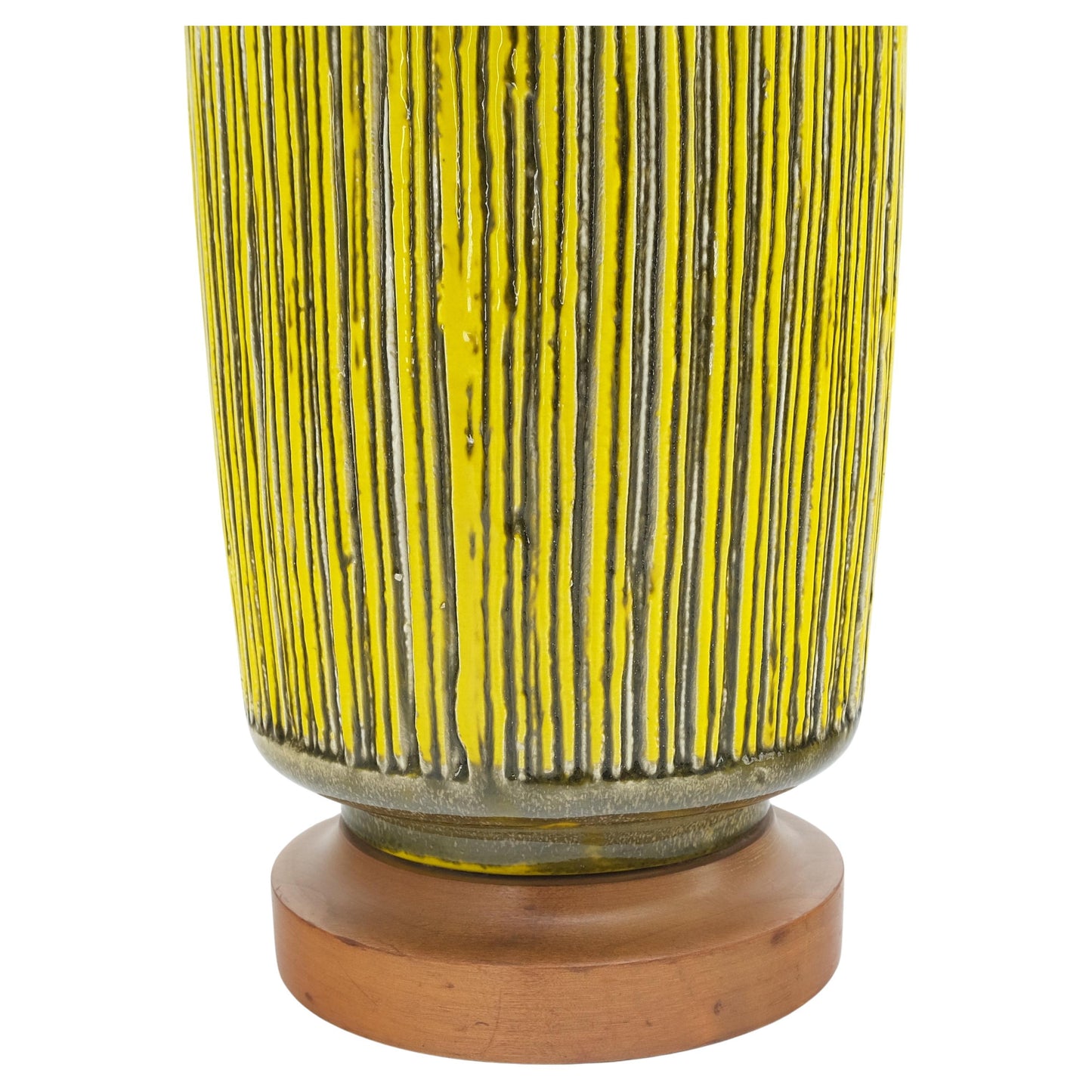 Large Ceramic Glazed Pottery Yellow & Olive Reed Grass Bamboo Pattern Lamp Mint!