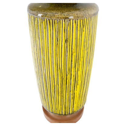 Large Ceramic Glazed Pottery Yellow & Olive Reed Grass Bamboo Pattern Lamp Mint!