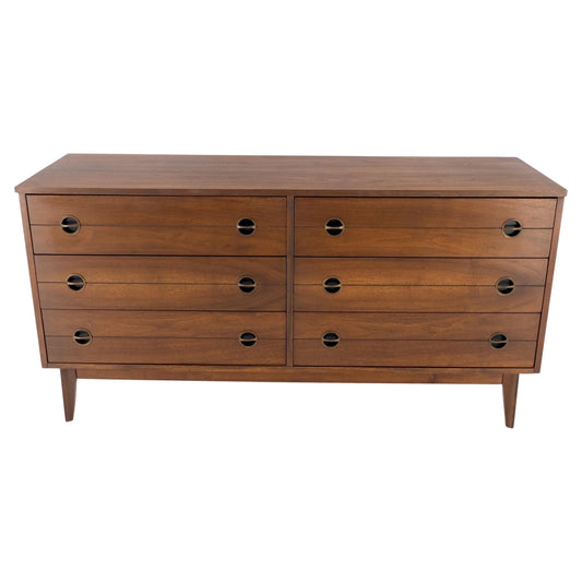 Danish Mid Century Modern 6 Drawers Walnut Double Dresser Credenza Round Pulls