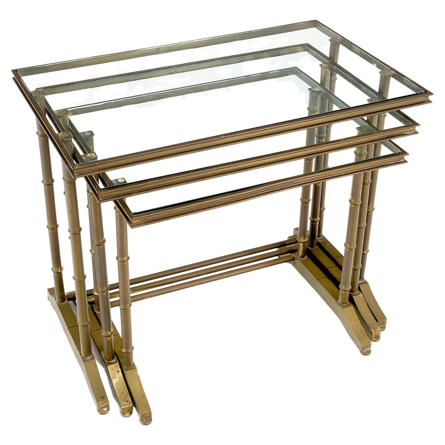 Set of MCM Solid Brass Faux Bamboo Glass Top Nesting Side End Tables Stands