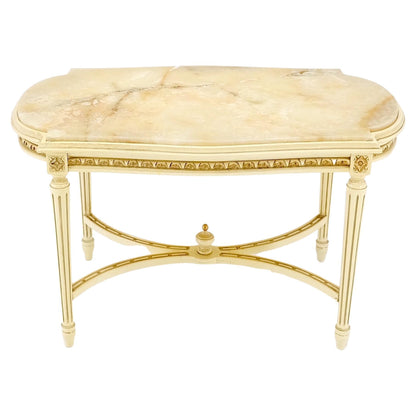 White Onyx Top Stadium Shape Top Beige Lacquer Carved Stretcher Base Side Table