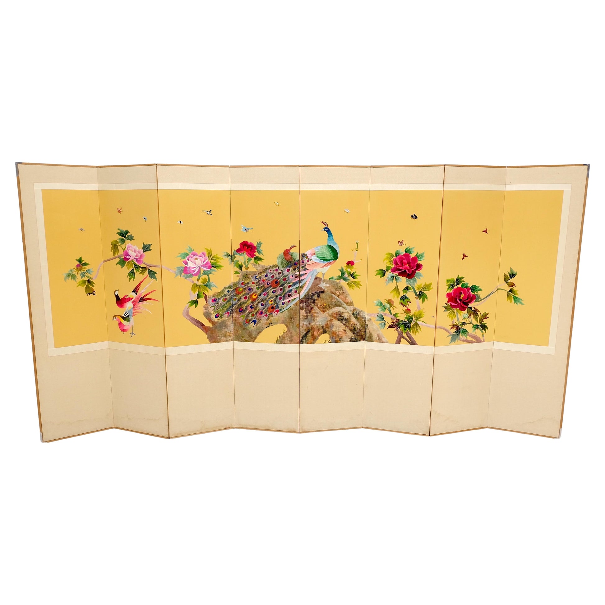 Oriental Decorative 8 Panel Silk Embroidery Peacock Scene Room Divider Screen