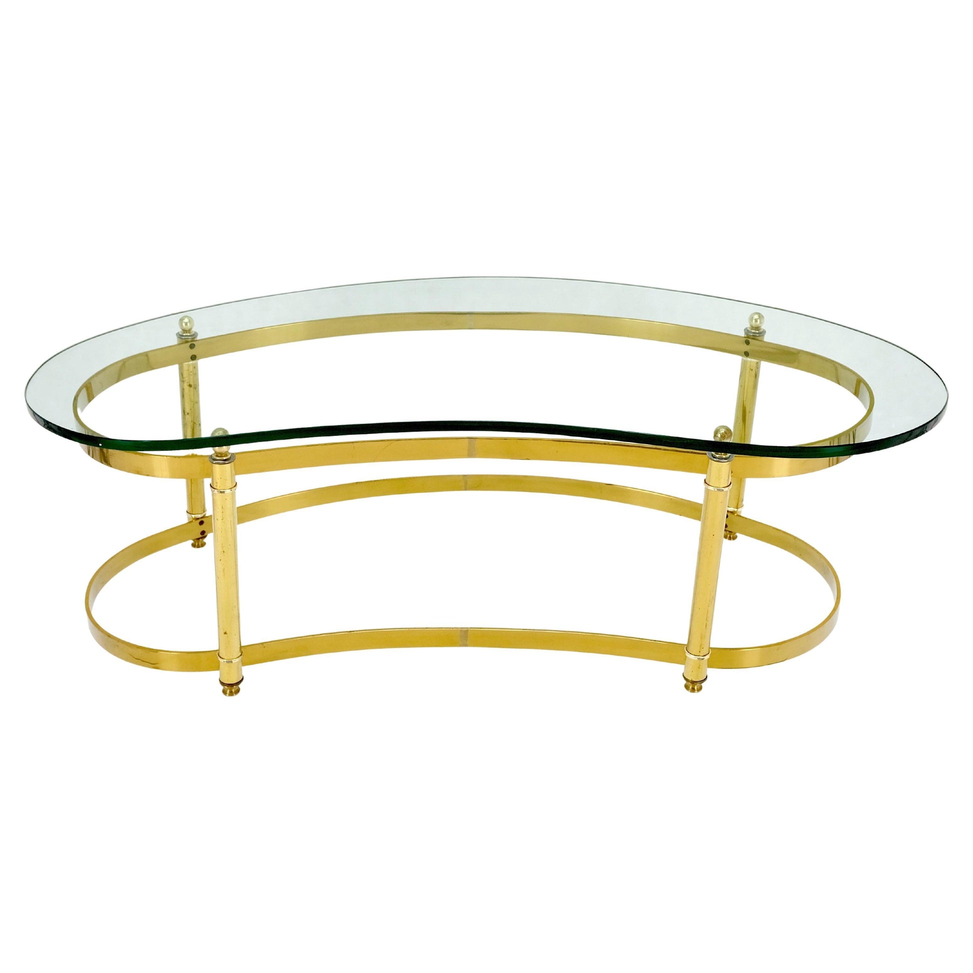 Thick Glass Kidney Shape Brass Base Mid-Century Modern Coffee Table