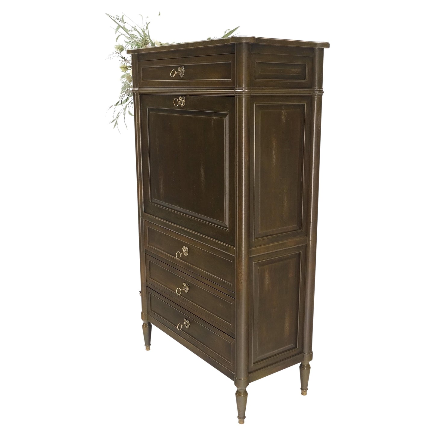 Dark Golden Olive Drop Front Secretary Desk High Chest Drawers Dresser Brass Key