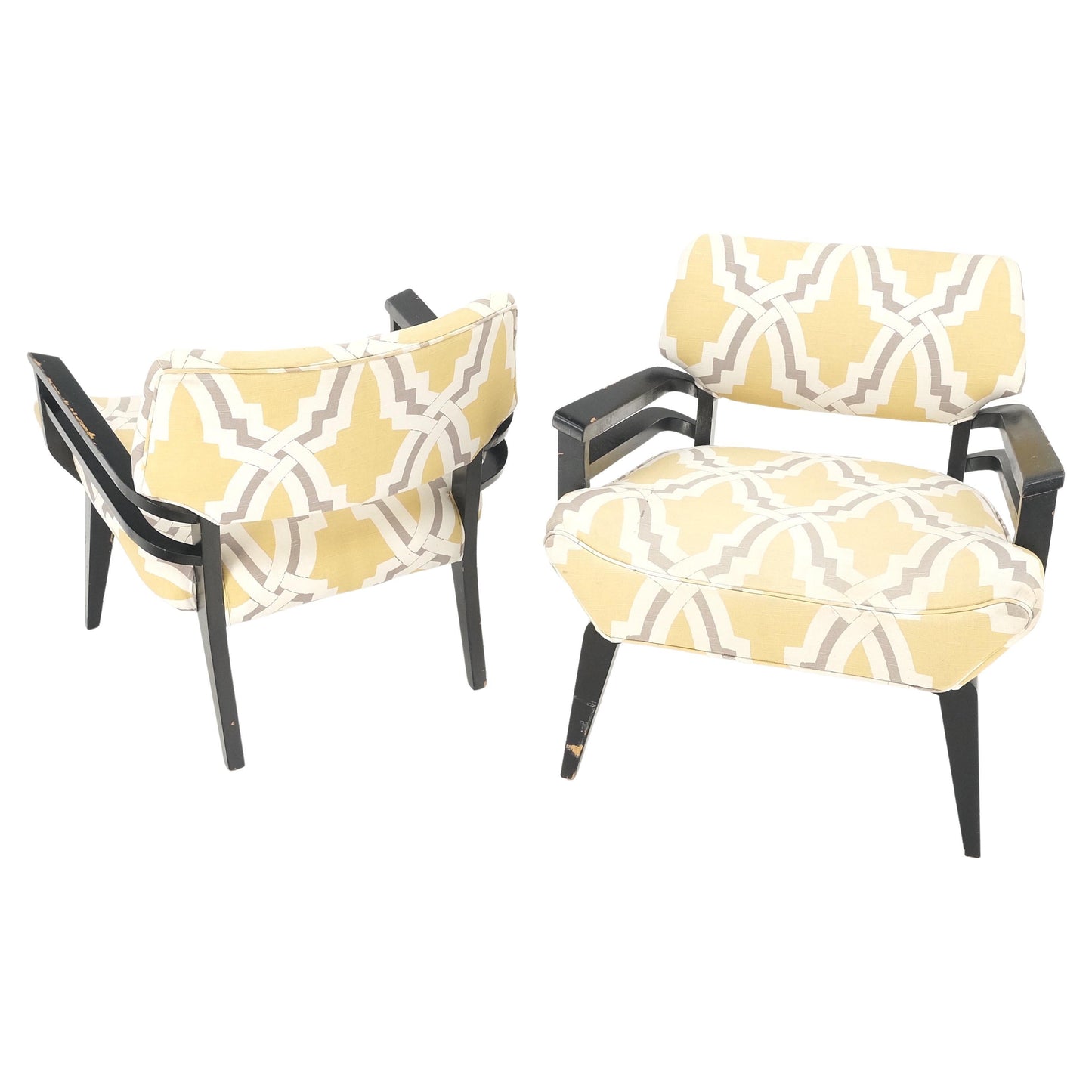 Pair of Mid-Century Modern Black Lacquer Abstract Fabric Lounge Chairs AS IS