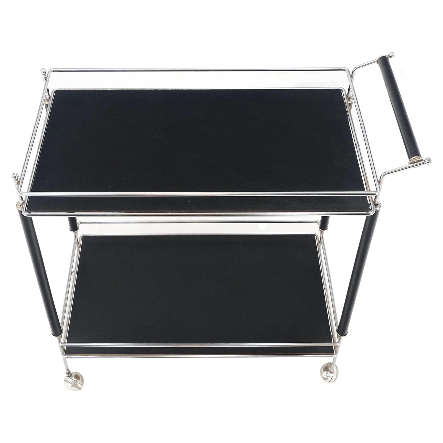 Black Lacquer & Chrome Bauhaus Two Tier Serving Cart on Wheels  c.1940s MINT