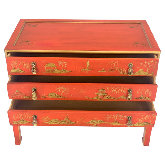 Red Orange Lacquer Chinoiserie Hand Painted Three Drawers Dresser Large Stand