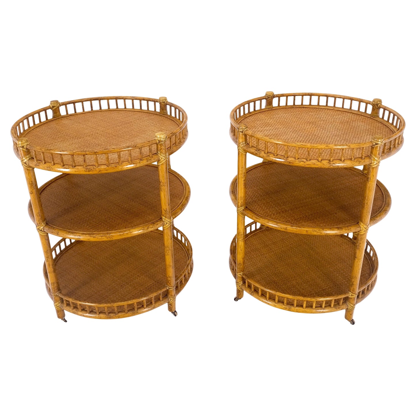 Pair of Maguire Round Reed & Cane Three Tier Gallery Top Serving Tables Stands