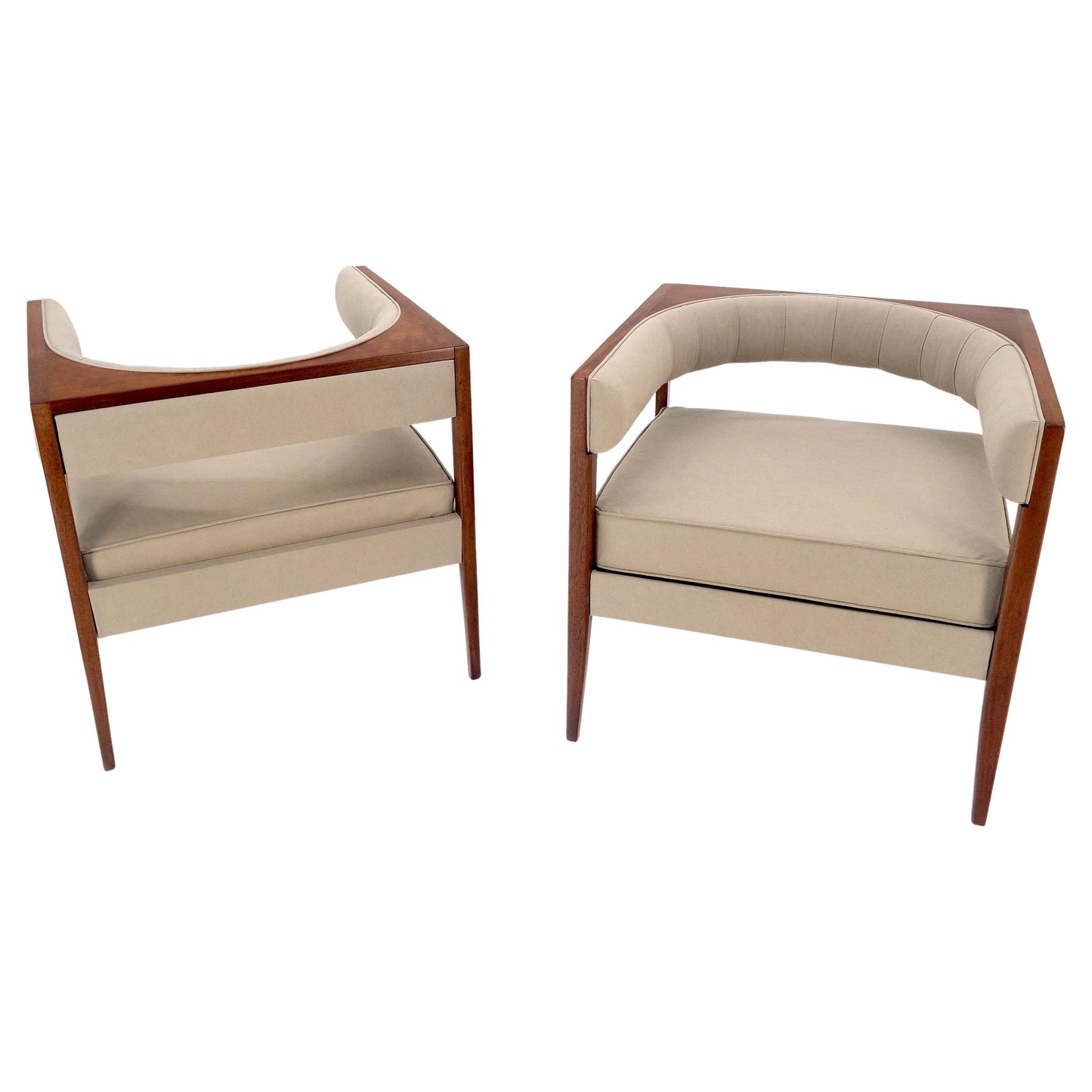 Pair New Alcantera Upholstery Walnut Cube Shape Barrel Back Lounge Chairs MINT!