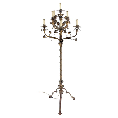 Candelabra Forged Golt Gilt Metal Flowers & Leafs Motive Italian Floor Lamp NICE